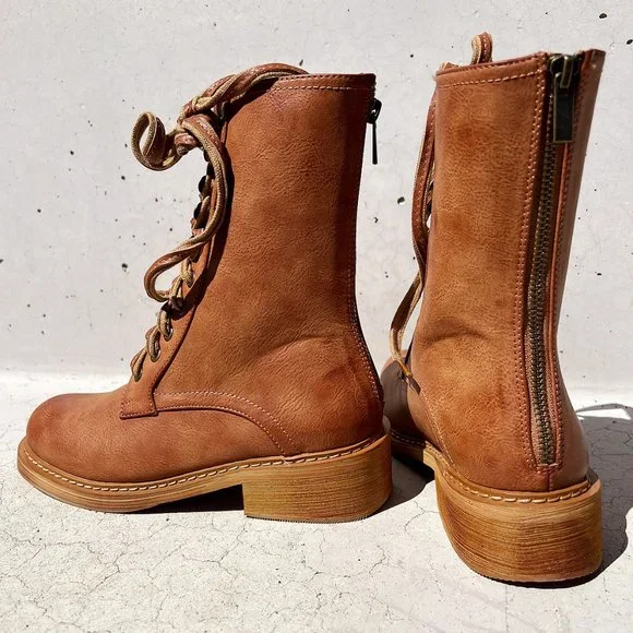 BEAST FASHION Tan Leather Combat Boots - Picture 12 of 13